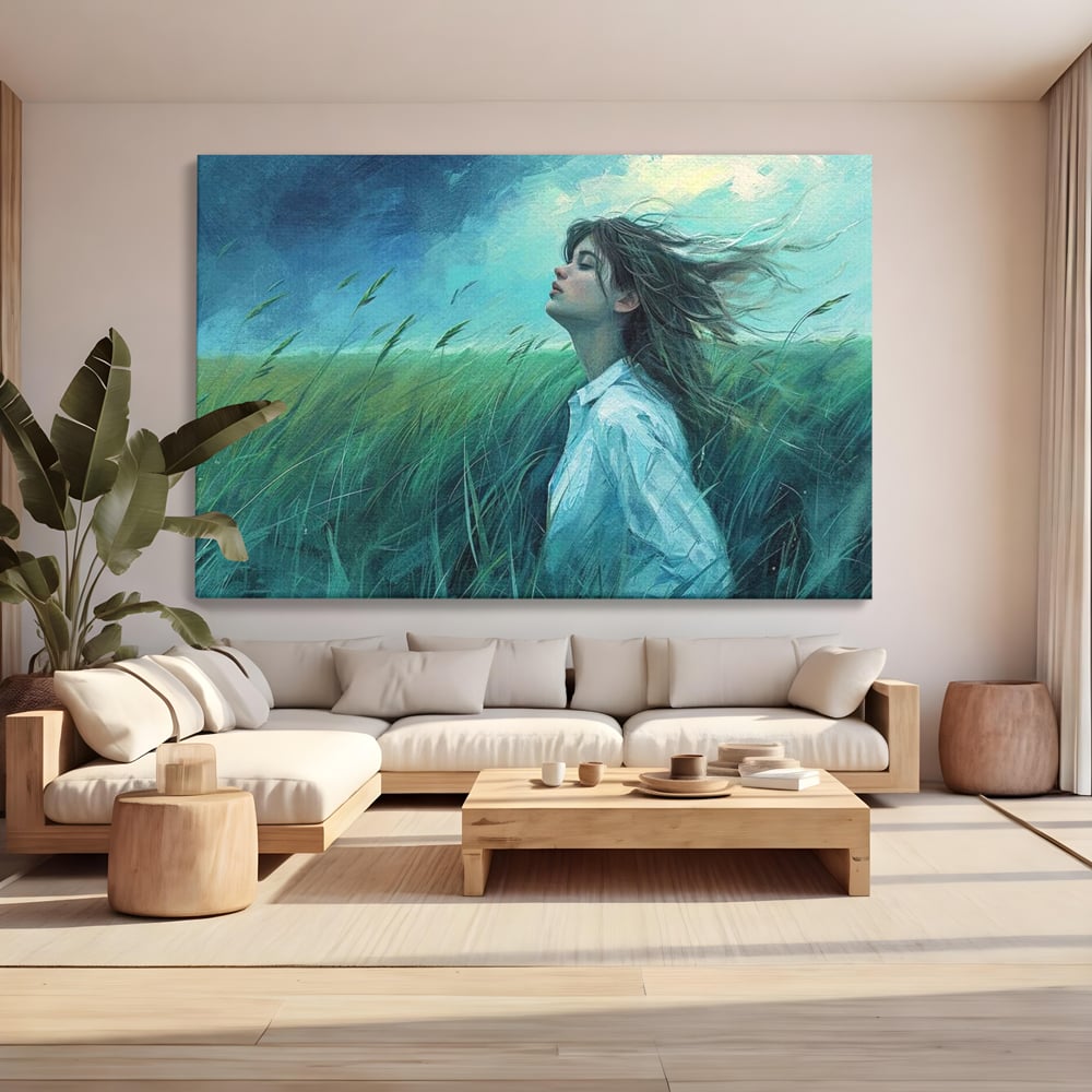 Tablou canvas cu tablou canvas cu fata in camp de iarba, fara rama, pe sasiu de lemn, pe perete intr-un living